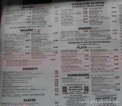 Food prices in Paris restaurants, Menu in the tourist restaurant